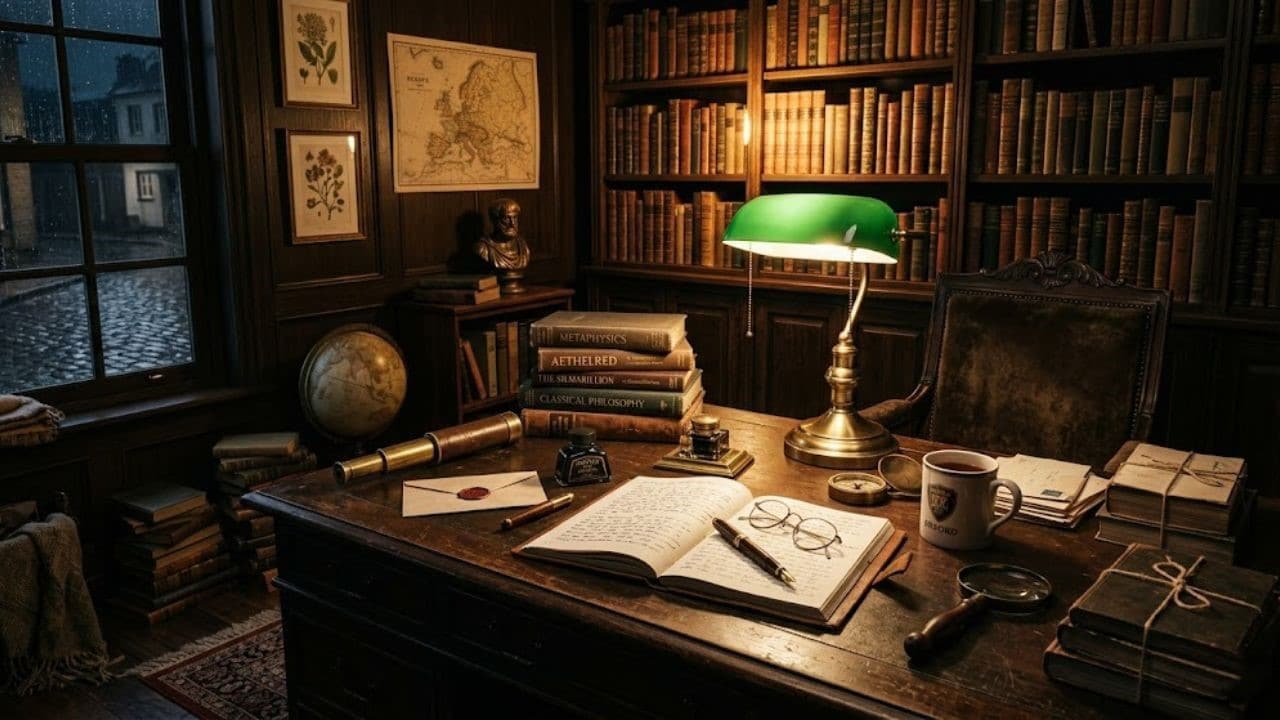 Moody dark academia home office design