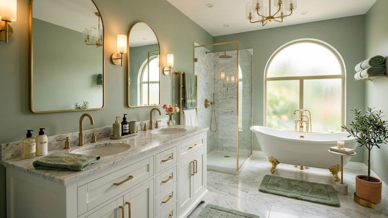 Sage green and gold bathroom interior ideas
