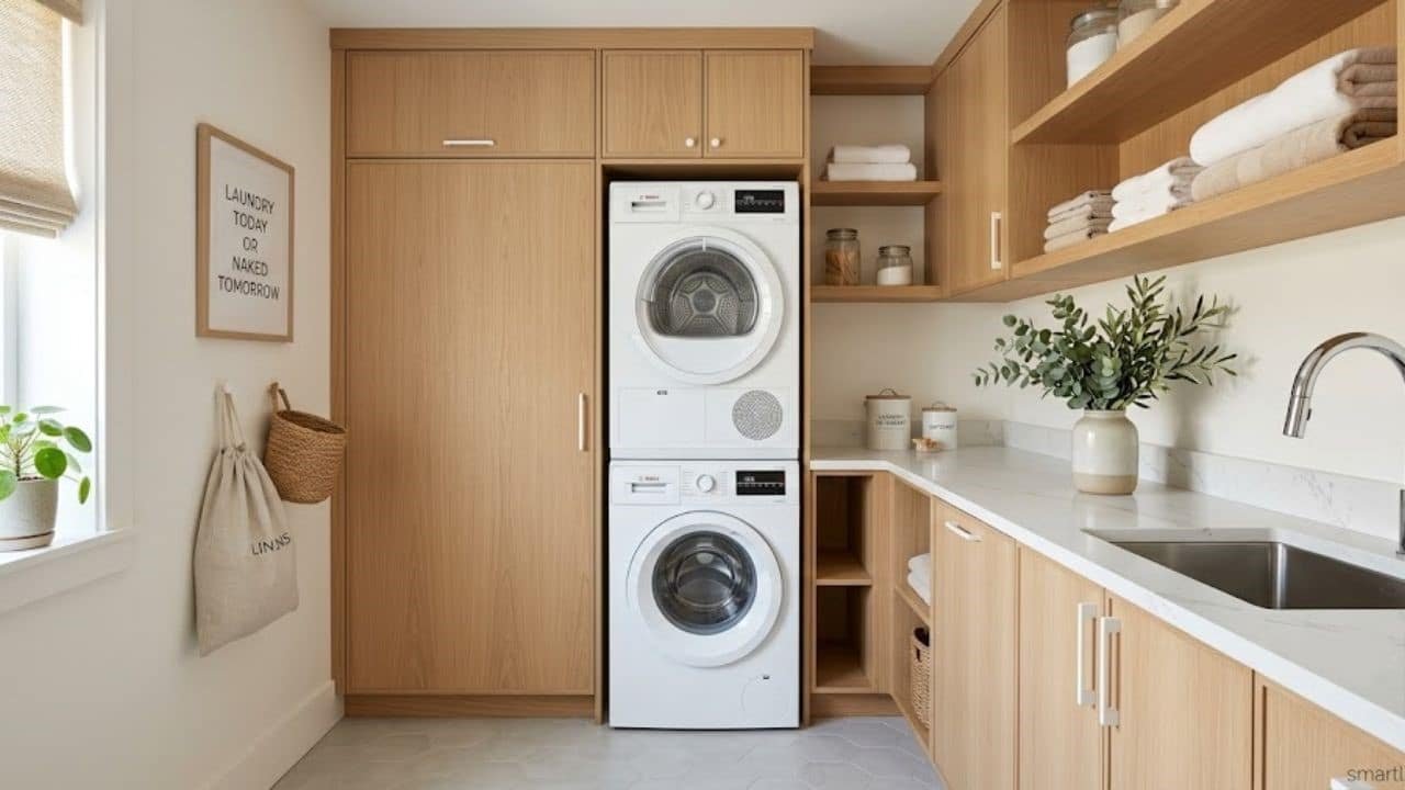 Small laundry room layout ideas with stacked machines